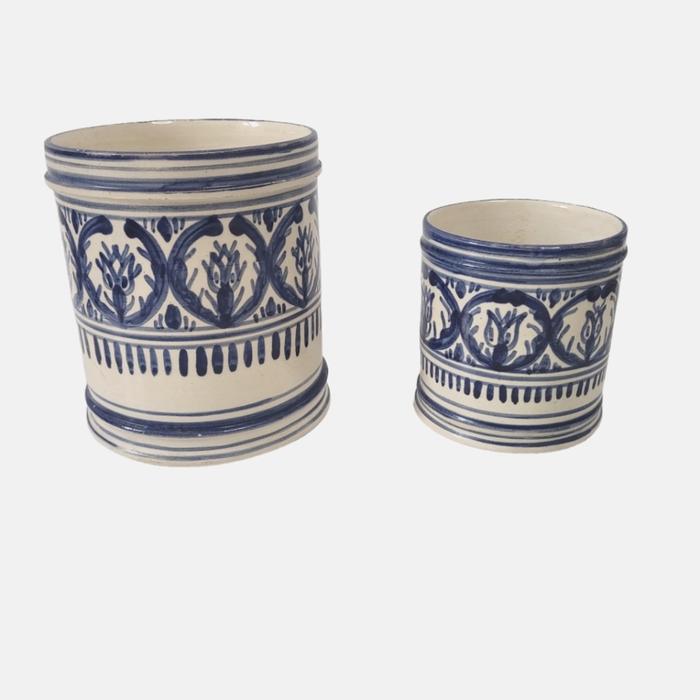 Set of 2 white and blue handpainted nesting ceramic canisters